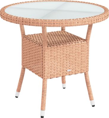 Outsunny Runder Rattantisch Ø80x75 cm, Gartentisch mit Ablage, Glasplatte und Stahlgestell, Tragkraft 50 kg, für Terrasse, Terrasse, Natur