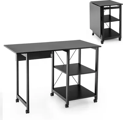 A black folding computer desk with shelves is shown in two configurations: one unfolded and one folded.