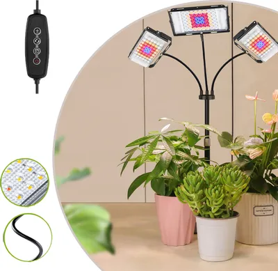 Image de Lampe LED à spectre complet pour plantes, 30 W, 3 têtes, lampe de culture de table avec minuterie automatique 3 h/6 h/12 h, 6 niveaux de luminosité, col de cygne et hauteur réglable
