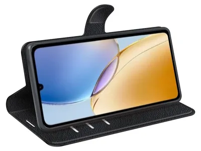 A black leather flip case for a smartphone is shown open, displaying the phone's screen.