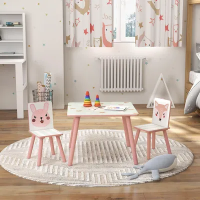 Produktbild von Kindersitzgruppe Kinder Tisch 2 Stühle, Tiermotiv,Holz Rosa, Kinderzimmer 3-8 Jahre | 60x60x44 cm | Sitzhöhe 26 cm | MDF & Kiefer