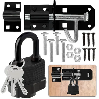 Immagine prodotto di Set di serrature per porte, composto da: chiavistello scorrevole in acciaio inossidabile, catenaccio e lucchetto, colore nero