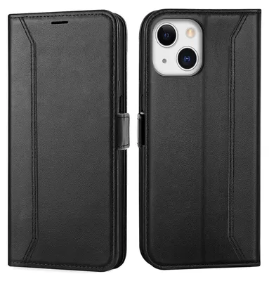 A black leather flip case for an iPhone 13 Mini is shown from the front and back.