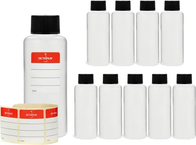 Zdjęcie produktu dla 10 okrągłych plastikowych butelek o pojemności 100 ml, pustych, z czarnymi zakrętkami
