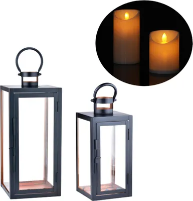 Productafbeelding van Set van 2 LED-lantaarns, modern design, geschikt voor tuin en decoratie, kleur: zwart