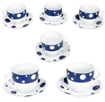 Immagine prodotto di Pula blu a poisTazze da caffè con piattini per 6 persone in porcellana da tè a pois