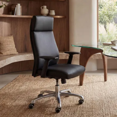 Zdjęcie produktu dla FineBuy Krzesło biurowe PORTO z prawdziwej skóry, czarne, ergonomiczne, z zagłówkiem; fotel kierowniczy; krzesło biurkowe, ergonomiczne, z funkcją kołysania; krzesło obrotowe