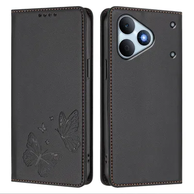 Image de Étui en cuir pour Realme Note 80, étui de protection type portefeuille en cuir gaufré « papillon » avec support, noir