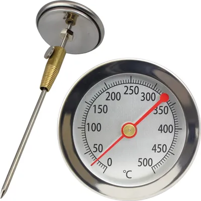 A close-up of a bimetallic thermometer probe and its dial.