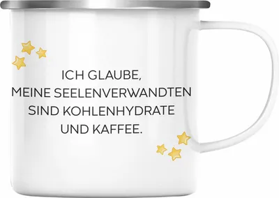 Produktbild von Trendation - Lustige Emaille Tasse mit Spruch für Frauen Männer Arbeit Büro Lustig Emaille Tassen Becher mit Sprüchen Kollegin Geschenk Sarkasmus Kohlenhydrathe und Kaffee (Silber)