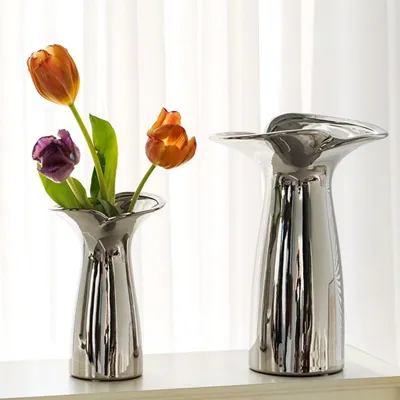 Produktbild von Vasen, Dekovase (2er Set), Silbervasen, Moderne Dekovase, Versilberung Keramik Vase, für Tulpen Breite Öffnung, für Haus, Wohnzimmer, Büro