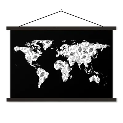 Produktbild von MuchoWow® Textilposter Weltkarte - Blätter - Schwarz - Weiß 120x80 cm mit schwarzem Rahmen - Wanddeko