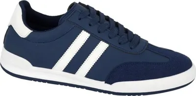 A single blue and white sneaker is shown from the side against a white background.