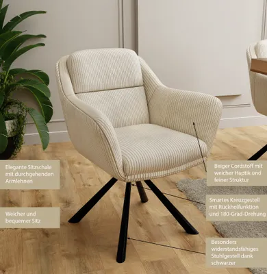 Produktbild von S-STYLE MÖBEL - Carl - Polsterstuhl mit 180° Drehfunktion und Nivellierung aus Beige Cord-Stoff
