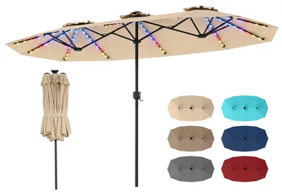 Produktbild von COSTWAY Doppelsonnenschirm 375x200cm, Gartenschirm mit LED-Solar-Beleuchtung, 12 Beleuchtungsmodi, 2 Lademöglichkeiten & Kurbel, Terrassenschirm Beige