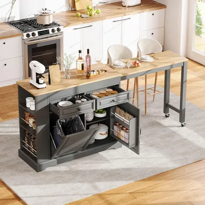 Produktbild von Flieks Ausziehbarer Essbereich Kücheninsel auf Rollen mit Abfallbehälterfach und Schubladen, Servierwagen, Küchenwagen 112-180x45x92cm, Grau