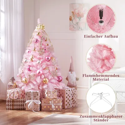 Produktbild von Yaheetech 124 cm Künstlicher Weihnachtsbaum mit 208 Spitzen & faltbarem Metallständer, Tannenbaum Kunstbaum für Weihnachten, rosa