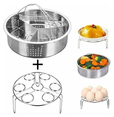 A collage of kitchenware items, including a steamer basket, an egg rack, and food items being steamed.