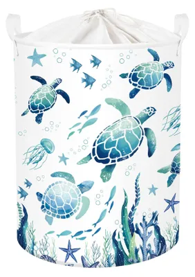 Zusammenklappbarer Wäschekorb, 63 L, Meerestier-Motiv, Blau