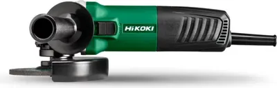 A HiKOKI angle grinder is shown against a white background.