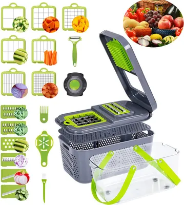 Image de Coupe-légumes - 22 en 1 Coupe-oignons Pro - Coupe-légumes de cuisine Coupe-cubes avec panier-filtre et récipient