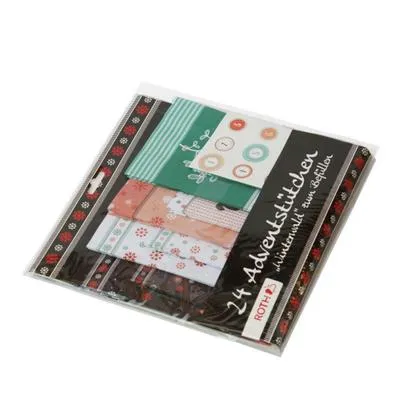 A package of fabric squares with festive patterns, likely for an advent calendar.