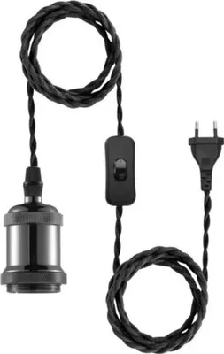 A black pendant light cord with a socket, switch, and plug.