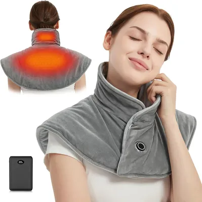 Productafbeelding van Draadloze warmtekussen met automatische uitschakeling voor nek, schouders en rug. USB-aangedreven, elektrische warmtekussen met gewicht en 3 temperatuurstanden. Kleur: grijs