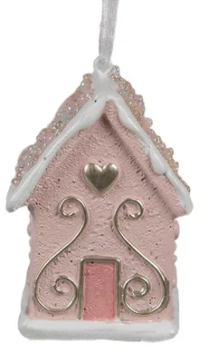 Obrázok produktu pre Clayre & Eef Vianočná visačka perníková chalúpka 4x4x6 cm ružová polyresin