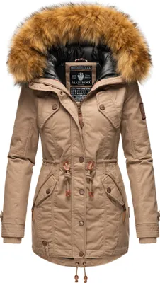 Produktbild von Marikoo La Viva Princess Eleganter Damen Winter Parka mit Kapuze und Kunstpelzbesatz Wintermantel Vegan Taupe Grey Gr. 36 - S