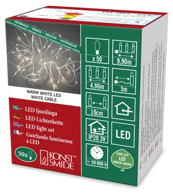 Produktbild von Konstsmide LED Tropfenlichterkette, 50 warm weiße Dioden, 3V Innentrafo, weißer