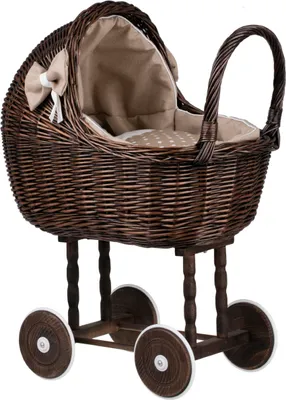 Productafbeelding van Lili rieten poppenwagen met beige rand, deken en kussen, 50 cm