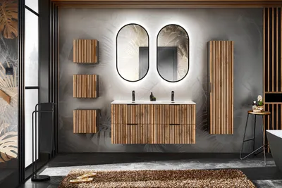 Image de Meuble De Salle De Bain Moderne 120 Cm Avec Deux Lavabos Led Chêne Wotan