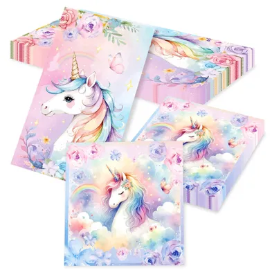 Einhorn-Servietten, Regenbogen, 40 Stück, Papier, Einweg