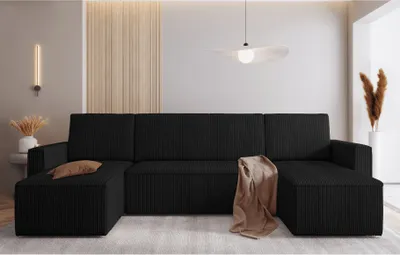 Produktbild von Easy4You Schwarz Ecksofa Mimir Kord in U-Form 303 x 80 x 145 cm mit Schlaffunktion und Bettzeugbehälter - Schlafsofa mit Bettkasten - Eckcouch mit Stauraum - Stoff: POSO 135