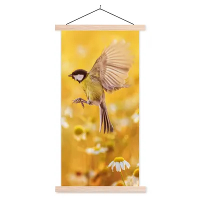 Produktbild von MuchoWow® Textilposter Vogel - Kohlmeise - Blumen - Gänseblümchen 60x120 cm mit holzfarbenen Rahmen - Holz