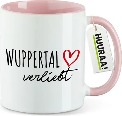 Produktbild von Huuraa Kaffeetasse Wuppertal verliebt 330ml Rosa Keramik Kaffeebecher Geschenkidee