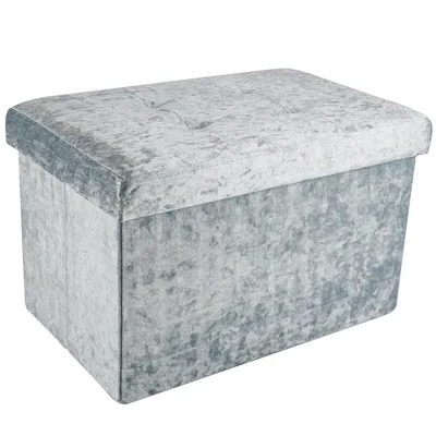Produktbild von Intirilife Faltbare Sitzbank 49x30x30 cm in Samt Blaugrau - Sitzwürfel mit Stauraum und Deckel mit Samtbezug - Sitzcube Fußablage Aufbewahrungsbox Truhe Sitzhocker