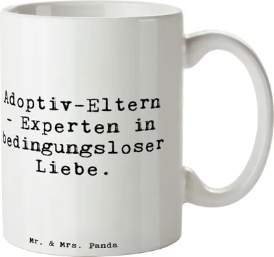 Produktbild von Mr. & Mrs. Panda Kaffeebecher Spruch Adoptiveltern Liebe - Weiß - Geschenk, Verwandte, Teetasse, Freude, Becher, Kaffeetasse, bedingungslose, elterliche, Familienpflege