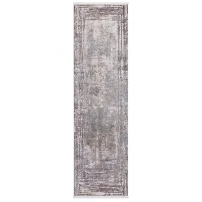 Produktbild von Arktis Designer-Läufer 350 × 80 cm Grau-Beige – hochwertiger Kurzflor-Teppich mit Seidenhaptik, modernem Vintage-Muster und 7,5 mm Florhöhe