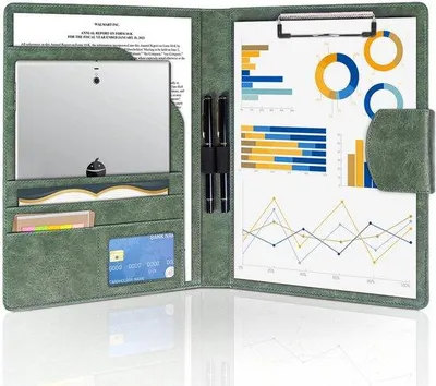 Image de Porte-documents A4, simili cuir, vert foncé, avec rabat, pochettes pour documents, porte-stylo et fermeture magnétique