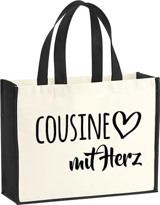 Produktbild von Huuraa Jutetasche Cousine mit Herz 21 Liter Black Jute und Baumwolle Einkaufstasche Geschenkidee