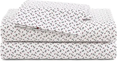 Productafbeelding van Lakenset, beddengoed van katoen percal met bijpassende kussenslopen, fris en cool, premium kwaliteit Home Essentials (Atlantische ankers rood