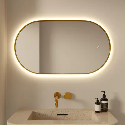Image de Miroir de salle de bain LED, ovale, 90 x 50 cm, avec cadre doré, variateur d'intensité et fonction anti-buée