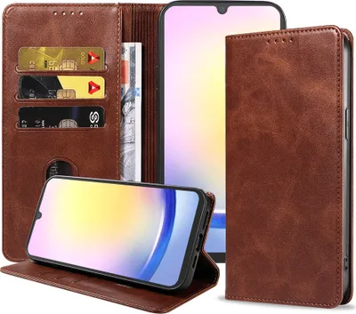 Produktbild von Smartphonica Handytasche passend für Samsung Galaxy A25 Kunstleder mit Magnetverschluss und Kartenhalter Buchhülle mit Klappe - Dunkelbraun