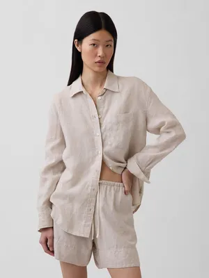 Produktbild von GAP Damen Übergroßes Leinenhemd mit langen Ärmeln und Brusttasche XL Beige