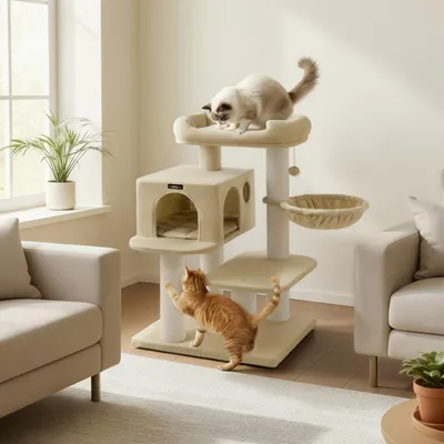Immagine prodotto di Albero per gatti con 6 superfici per graffiare extra resistenti | Colore beige | 70x60x107 cm