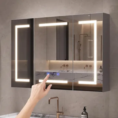 Image de Armoire de salle de bain INONEFT avec miroir LED, éclairage 3 couleurs, 100x13,5x60 cm, prise pour rasoir intégrée,tactile, 3 portes, miroir réglable, anti-buée, blanc