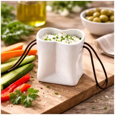 Produktbild von Servierschale Tütenform Keramik Dipschale Tasche Design mit Trageriemen