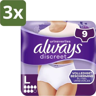 Obrázek produktu pro Always – Kalhotky pro ženy s inkontinencí – Velikost L – 9 kusů – Výhodné balení – 3 kusy